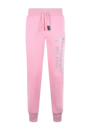 Pantaloni da jogging rosa con vita con coulisse, polsini a coste e decorazione con scritta argentata "SPORTS STAR 1933" sulla gamba destra.