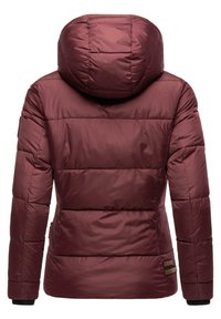 Burgundy puffer jacket with a hood, quilted design, side pockets, and logo accents on the left sleeve. Smooth, insulated fabric texture.