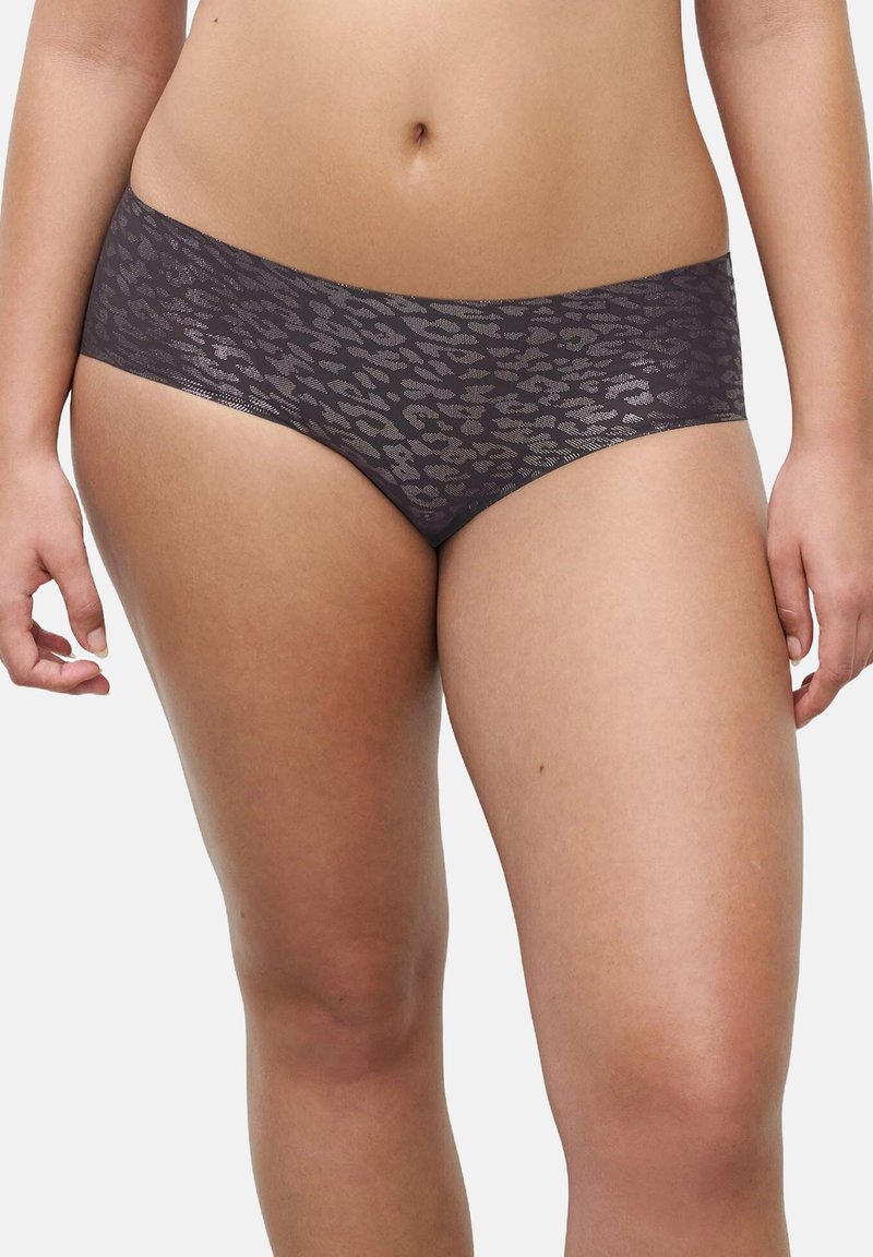 Mutandine hipster grigio scuro con un discreto motivo leopardato, realizzate in tessuto morbido. Presentano una vita liscia ed elastica e bordi senza cuciture.