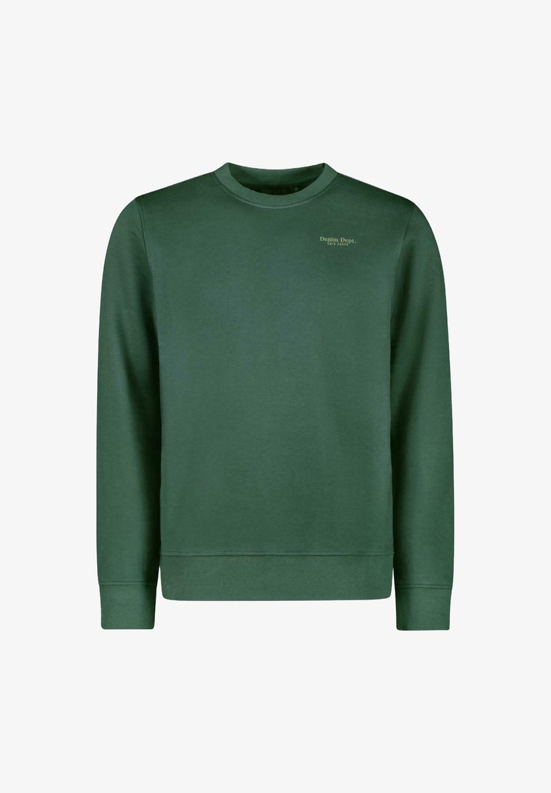 Donkergroen sweatshirt met lange mouwen en een ronde halslijn. Merknnaam "Denim Dept." gedrukt in een lichtere groen op de borst.
