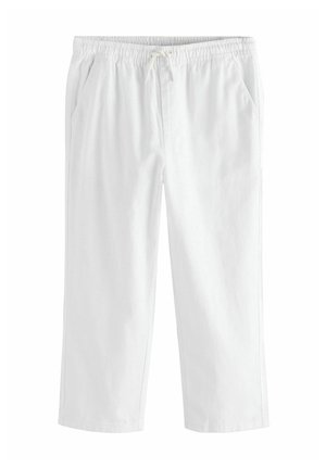 Hvide løstsiddende cropped bukser med elastisk taljebånd og snøre, sidelommer og lige ben til afslappet brug.