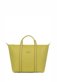 Borsa tote gialla con due manici robusti, chiusura zip e cuciture contrastanti marroni. Texture liscia, design spazioso e strutturato.