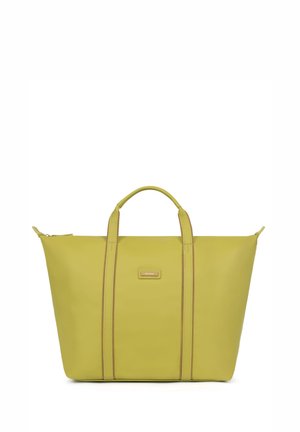 Borsa tote gialla con due manici robusti, chiusura zip e cuciture contrastanti marroni. Texture liscia, design spazioso e strutturato.