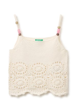Débardeur en crochet crème avec motifs floraux et bretelles ornées de perles, étiqueté United Colors of Benetton.