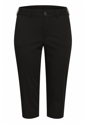 Schwarze, kurze Hose aus glattem Stoff, mit vorne liegendem Knopfverschluss und Seitentaschen. Gerade geschnittenes Bein, das bis zur Mitte der Wade reicht.