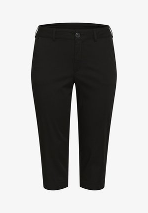Black cropped pants made of a smooth fabric, featuring a front button closure and side pockets. Straight leg design reaching mid-calf.