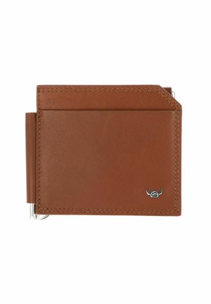 Braune Lederbrieftasche mit Metall-Geldclip an der Seite und kleinem silbernem Logo unten rechts vor weißem Hintergrund.