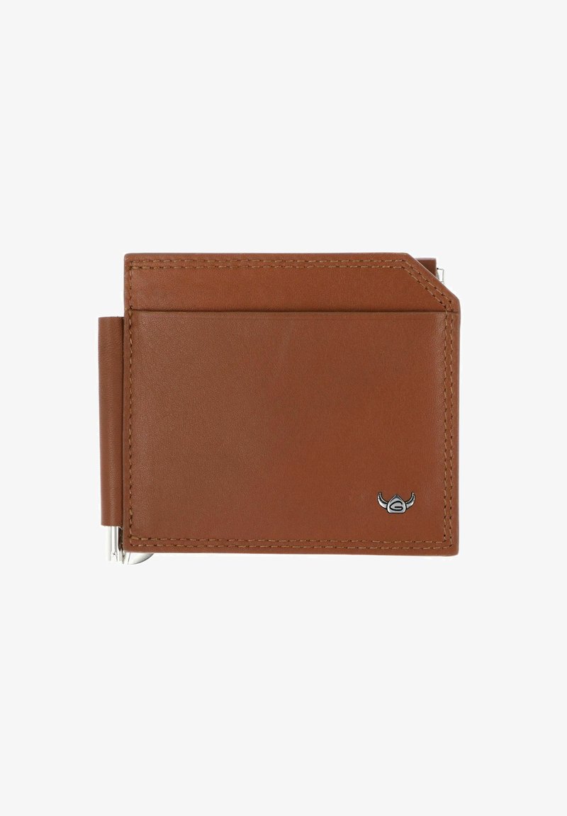 Portefeuille en cuir marron avec clip à billets en métal sur le côté et petit logo argenté en bas à droite, sur fond blanc.