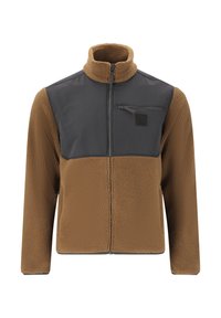 Fleecejacka med brun texturerad kropp och grå slät frampanel. Har en ficka med dragkedja på bröstet och hög krage.