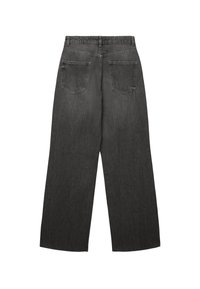 Jeans in denim scuro a gamba larga con una texture sbiadita, dotati di due tasche posteriori e di una vita alta, mostrati con la vista posteriore rivolta verso l'alto.