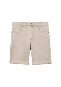 Beige Baumwollshorts mit umgeschlagenen Säumen, lässigem Design, Fronttaschen und einem Reißverschluss mit Knopfverschluss. Glatte Textur, leichtes Material.