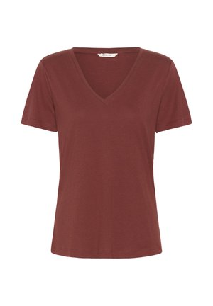 Damska koszulka z krótkim rękawem i dekoltem w serek, wykonana z jednolitej ciemnobrązowej bawełny, o dopasowanym kroju i czystych krawędziach wykończenia.