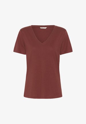 Damska koszulka z krótkim rękawem i dekoltem w serek, wykonana z jednolitej ciemnobrązowej bawełny, o dopasowanym kroju i czystych krawędziach wykończenia.