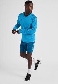 Blauwe lange mouwen sportshirt met een contrasterende halslijn en logo; gecombineerd met teal sportbroek met zijaccenten; zwarte sportschoenen.