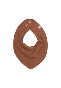 Brun mjuk tygbabyhake med två metallsnappar och en liten tyglogotyp på sidan.