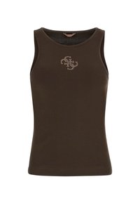 Brown ribbed tank top with a round neck and a small logo embellished with rhinestones on the front. Smooth texture and slim fit.