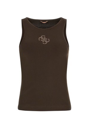 Brown ribbed tank top with a round neck and a small logo embellished with rhinestones on the front. Smooth texture and slim fit.