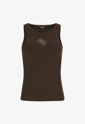Braunes, geripptes Tanktop mit Rundhalsausschnitt und einem kleinen Logo, das vorne mit Strasssteinen verziert ist. Glatte Textur und schmale Passform.