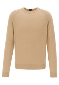 Beige pletený svetr s dlouhými rukávy, se žebrovanými manžetami a lemem. Má kulatý výstřih a strukturované detaily na ramenou. Měkký materiál.