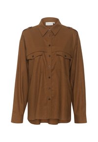 Chemise marron à manches longues en tissu texturé, dotée d'une fermeture boutonnée sur le devant, de deux poches poitrine et d'épaulettes.