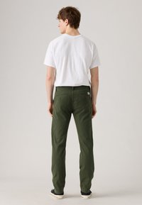 Green cotton pants with a straight cut, two back pockets, and a tag on the waistband, paired with a plain white t-shirt.