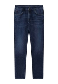 Tamno prani traperice s ravnim nogavicama, s pet džepova, metalnim kopčanjem i suptilnim izbljeđivanjem.