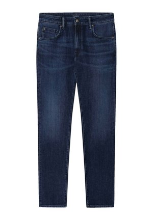 Dunkelblaue Jeans aus Denim mit geradem Bein, fünf Taschen, metallischem Knopfverschluss und dezentem Ausbleichen.