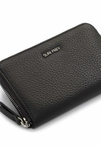 Black leather zippered wallet with a textured surface, featuring the embossed brand name "SURI FREY" in silver on the front.