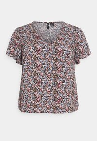Blommig kortärmad blus i svart med rosa och blå mönster. Har en v-ringning och mjukt, strukturerat tyg.