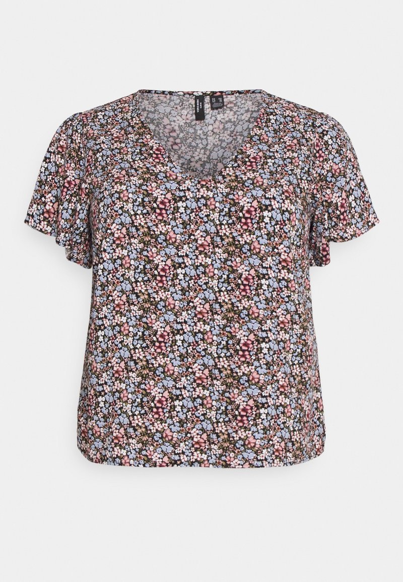 Blomstret kortærmet bluse i sort med pink og blå mønstre. Har en v-udskæring og blødt, struktureret stof.