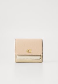 Pink and cream leather wallet with textured surface, gold hardware, and a front flap featuring a logo. Compact rectangular shape.