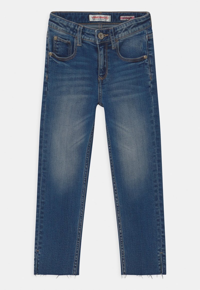Jean en denim bleu foncé à coupe droite, cinq poches, légère décoloration et ourlets bruts aux chevilles. Comprend des étiquettes de marque et une fermeture à bouton métallique.
