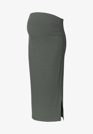 Umstands-Midirock aus dunkelgrünem Rippstoff, verfügt über ein figurnahes Design mit seitlichen Raffung und einem seitlichen Schlitz für Bewegungsfreiheit.