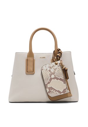 Sac fourre-tout crème avec poignées marron clair et portefeuille assorti à motif serpent avec fermeture éclair, marqué ALDO en lettres dorées au centre.