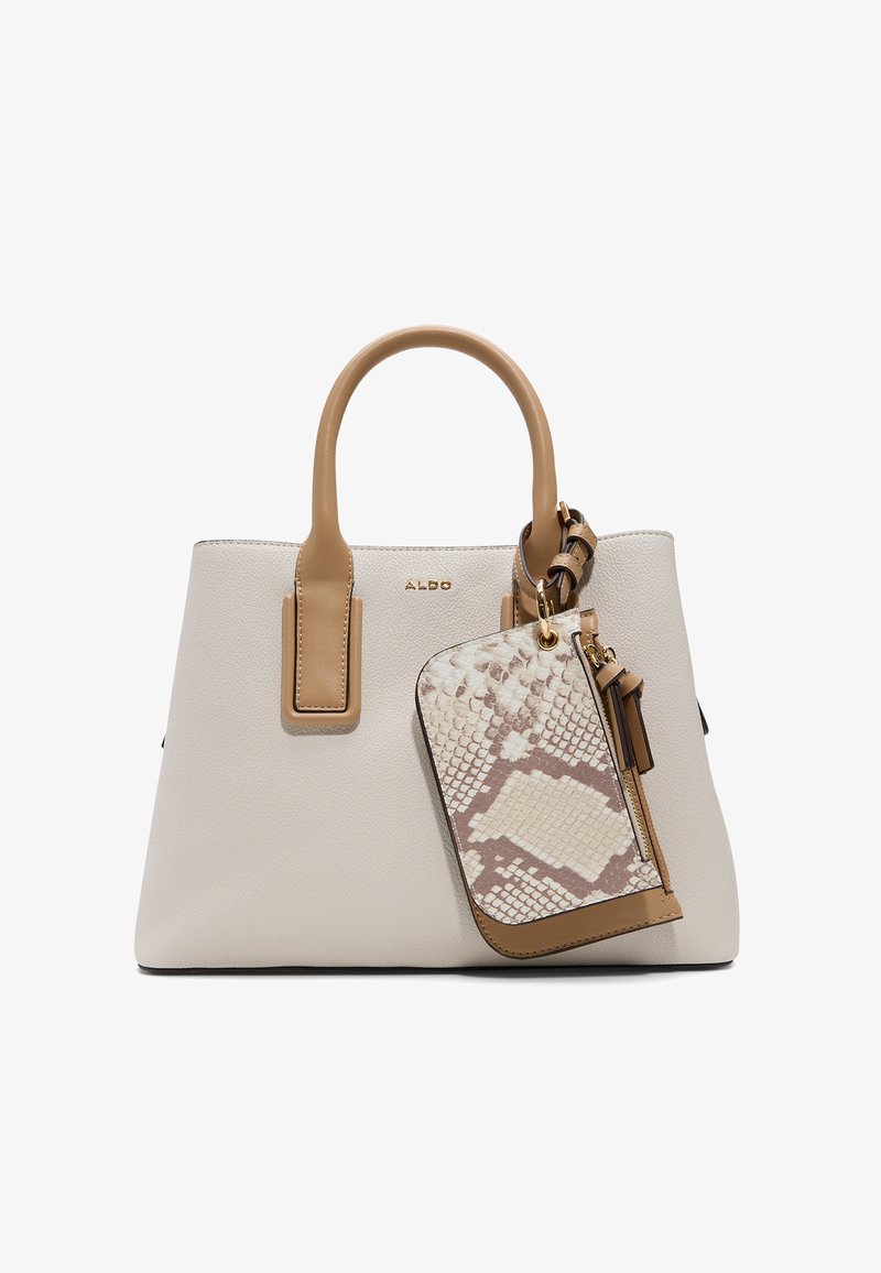 Sac fourre-tout crème avec poignées marron clair et portefeuille assorti à motif serpent avec fermeture éclair, marqué ALDO en lettres dorées au centre.