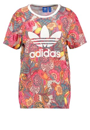 Tričko s krátkým rukávem značky Adidas s bílým logem a barevným květinovým a listovým vzorem v odstínech růžové, oranžové, žluté a zelené.
