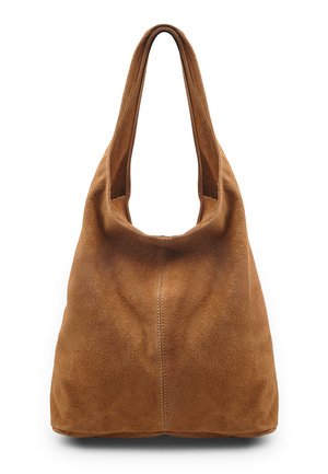 Borsa hobo in camoscio marrone con tracolla larga e cuciture centrali visibili sulla superficie liscia e dalla texture morbida.