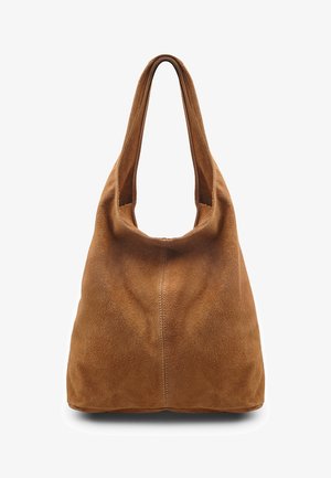 Borsa hobo in camoscio marrone con tracolla larga e cuciture centrali visibili sulla superficie liscia e dalla texture morbida.