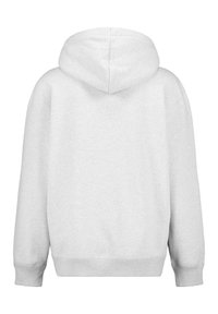 Gray hoodie with a soft texture, a drawstring hood, large back, and ribbed cuffs. Simple design without patterns or accents.