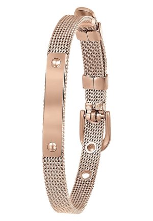 Armband van roségoudkleurig metalen gaas met verstelbare gesp en een glad rechthoekig naamplaatje vastgezet met twee klinknagels.