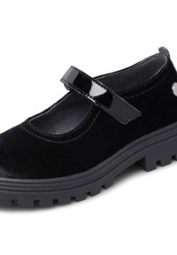 Chaussure noire de style Mary Jane avec une sangle en cuir verni, un dessus en texture douce et une semelle en caoutchouc robuste présentant des motifs peu profonds pour une meilleure adhérence.