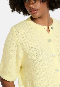 Dzeltena adīta veste ar īsām piedurknēm, teksturētu rakstu, apaļu izgriezumu un lielām, gaiši zilām pogām. Mīksts, viegls materiāls.