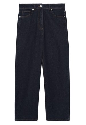 Blugi din denim albastru închis, cu talie înaltă și croială dreaptă, buzunare frontale, barete pentru curea și închidere cu nasture