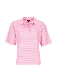 Rosa gestreiftes Poloshirt mit kurzen Ärmeln, ausgestattet mit einem Kragen und einer lockeren Passform. Das Material wirkt glatt mit einem dezenten Glanz.
