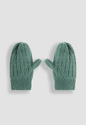 Strickhandschuhe in einem sanften Grünton mit gerippten Bündchen, die ein gemütliches Design und abgerundete Spitzen für Wärme und Komfort aufweisen.