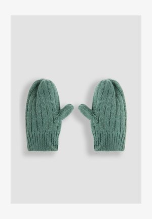 Pleteni rokavice v mehki zeleni barvi z rebrastimi manšetami, ki imajo udoben dizajn in zaobljene konice za toploto in udobje.