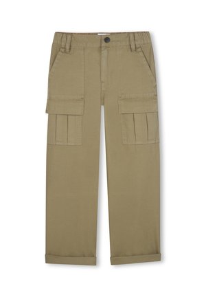 Spodnie bojówki khaki z zapięciem na guziki, szlufkami na pasek, dwoma przednimi kieszeniami na klapy, kieszeniami bocznymi i podwiniętymi mankietami.