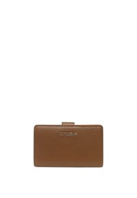 Portafoglio in pelle marrone con texture, di forma rettangolare, dettagli in metallo con logo e chiusura sicura. Interno liscio con slot per carte.