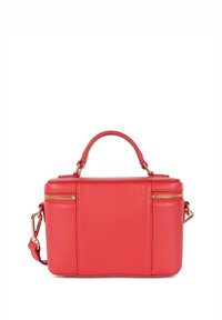 Borsa a mano in pelle rossa con forma strutturata, chiusura con doppia zip e manico superiore. Presenta una tracolla rimovibile e dettagli dorati.