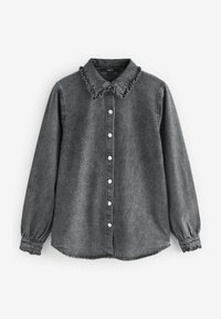 Grå denimskjorte med flæset krave, lange pufærmer, knaplukning foran og elastiske manchetter. Glat tekstur med en let falmet finish.